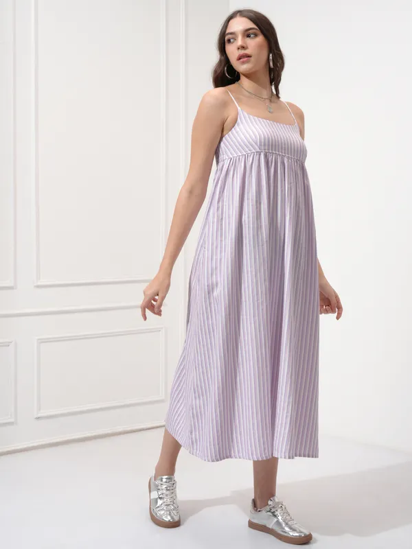 Tokyo Talkies Women Purple Striped Fit and Flare Dress