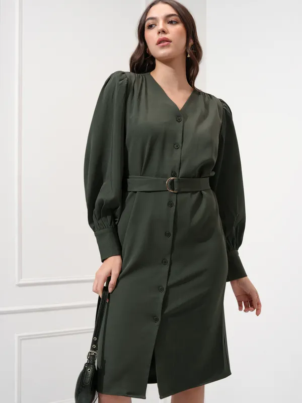 Tokyo Talkies Women Olive Solid Shift Dress