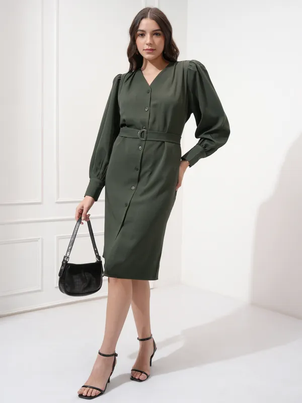 Tokyo Talkies Women Olive Solid Shift Dress