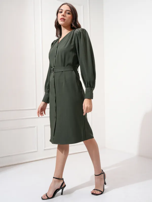 Tokyo Talkies Women Olive Solid Shift Dress