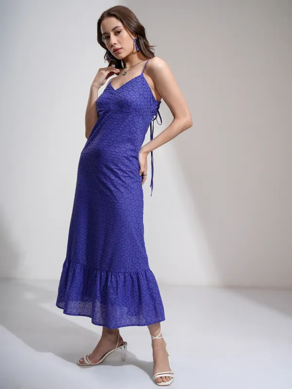 Tokyo Talkies Women Blue Self Design Fit and Flare Dress