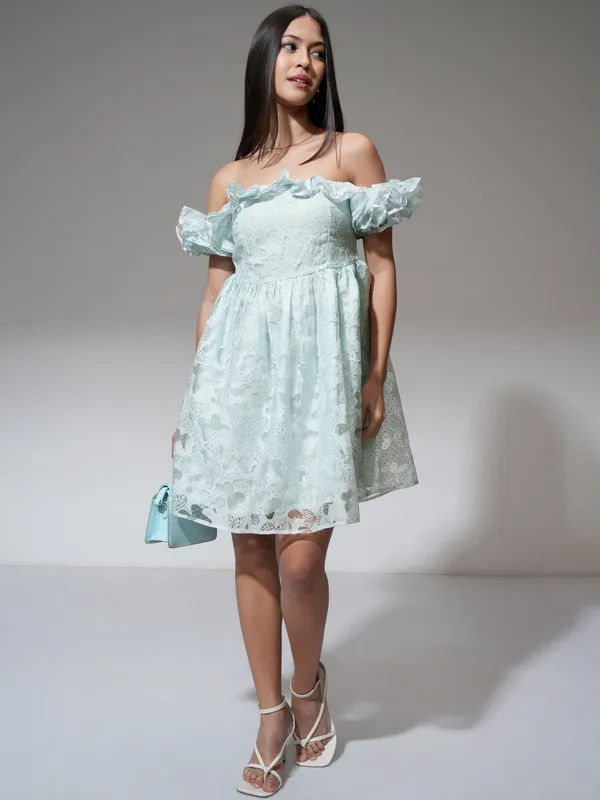 Tokyo Talkies Women Blue Printed Fit and Flare Dress