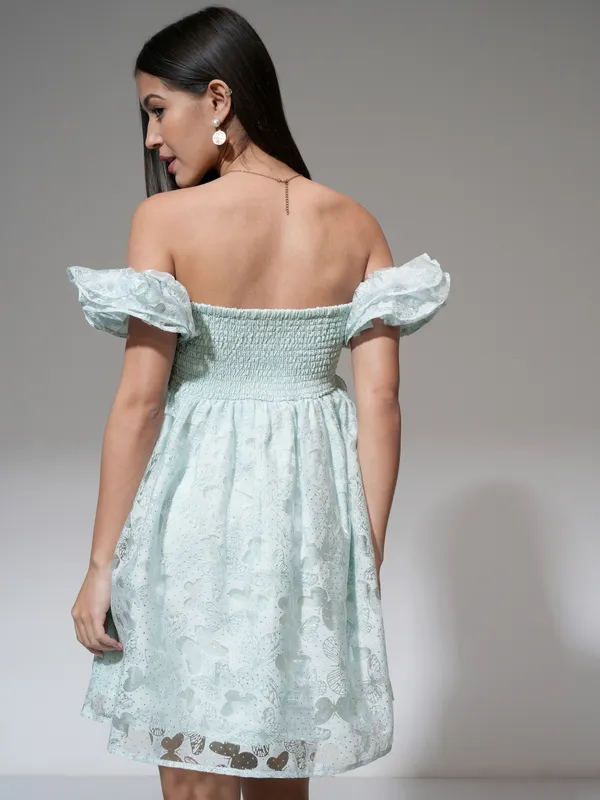 Tokyo Talkies Women Blue Printed Fit and Flare Dress