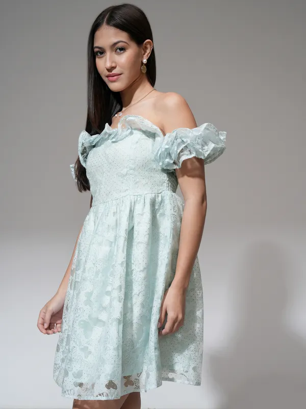 Tokyo Talkies Women Blue Printed Fit and Flare Dress