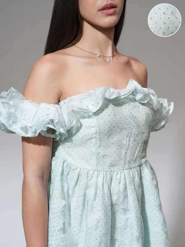 Tokyo Talkies Women Blue Printed Fit and Flare Dress