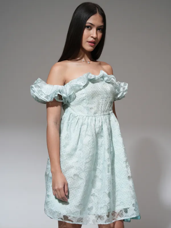 Tokyo Talkies Women Blue Printed Fit and Flare Dress