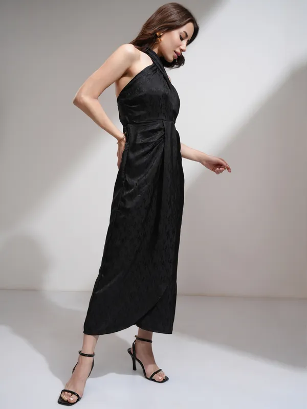 Tokyo Talkies Women Black Self Design Wrap Dress