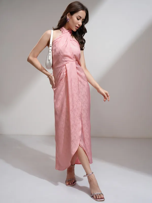 Tokyo Talkies Women Pink Self Design Wrap Dress