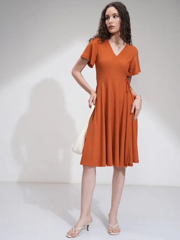 Tokyo Talkies Women Rust Solid Wrap Dress