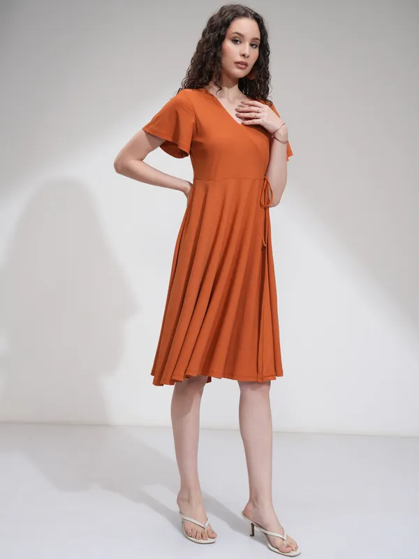 Tokyo Talkies Women Rust Solid Wrap Dress