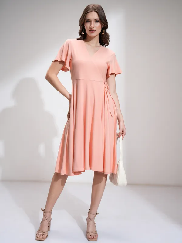 Tokyo Talkies Women Peach Solid Fit And Flare Dress