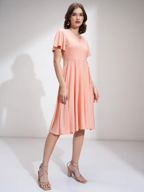Tokyo Talkies Women Peach Solid Fit And Flare Dress