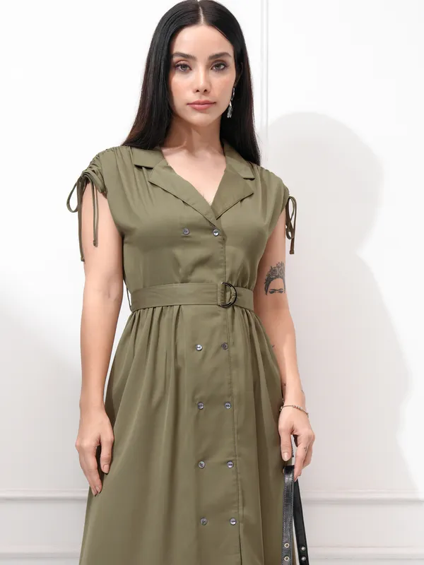 Tokyo Talkies Women Olive Solid Fit and Flare Dress