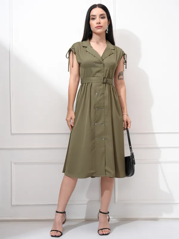 Tokyo Talkies Women Olive Solid Fit and Flare Dress