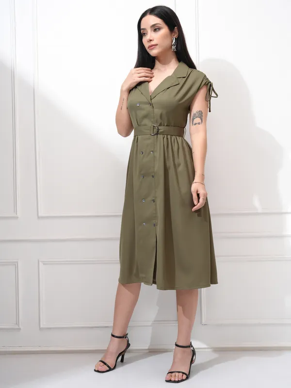 Tokyo Talkies Women Olive Solid Fit and Flare Dress