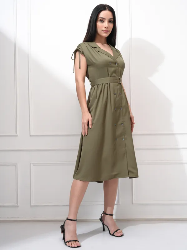 Tokyo Talkies Women Olive Solid Fit and Flare Dress