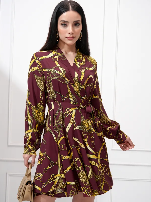 Tokyo Talkies Women Maroon Printed Wrap Dress