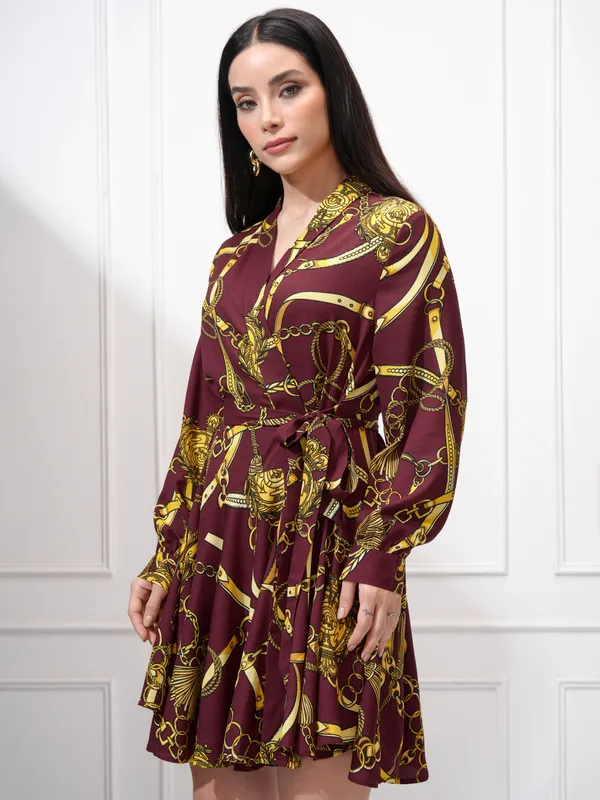 Tokyo Talkies Women Maroon Printed Wrap Dress