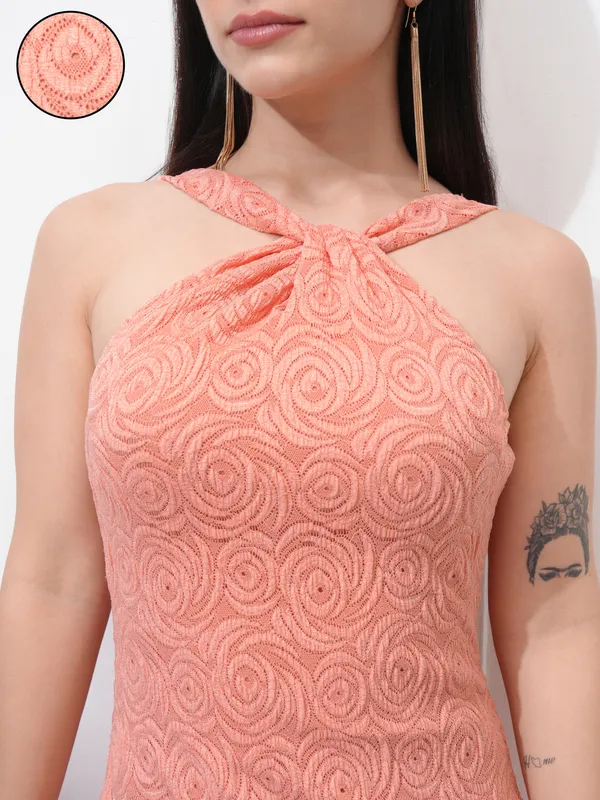 Tokyo Talkies Women Peach Self Design Bodycon Dress