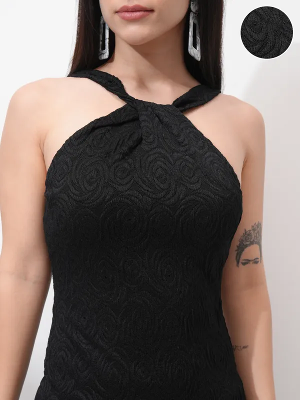 Tokyo Talkies Women Black Self Design Bodycon Dress