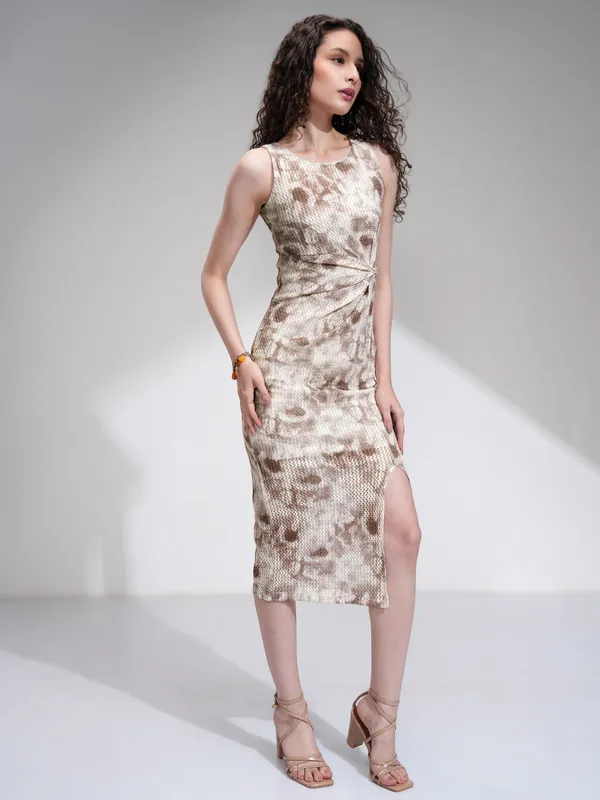 Tokyo Talkies Women Cream Printed Bodycon Dress