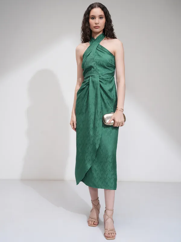 Tokyo Talkies Women Green Self Design Wrap Dress