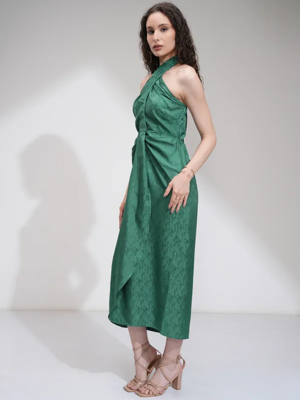 Tokyo Talkies Women Green Self Design Wrap Dress