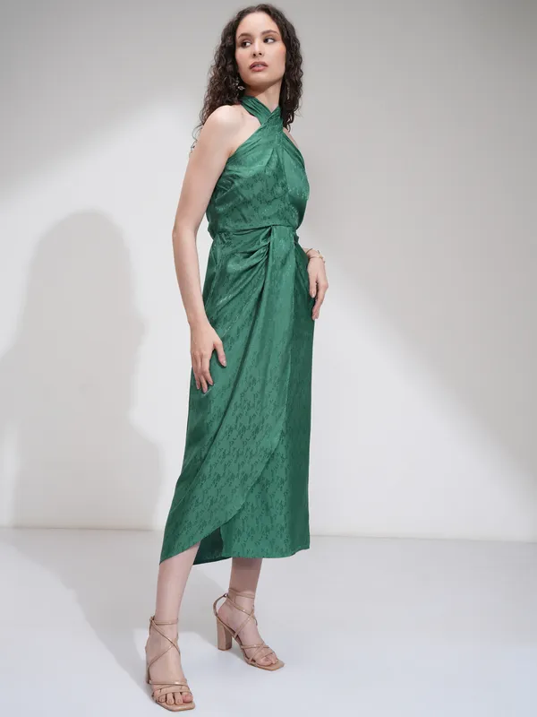 Tokyo Talkies Women Green Self Design Wrap Dress