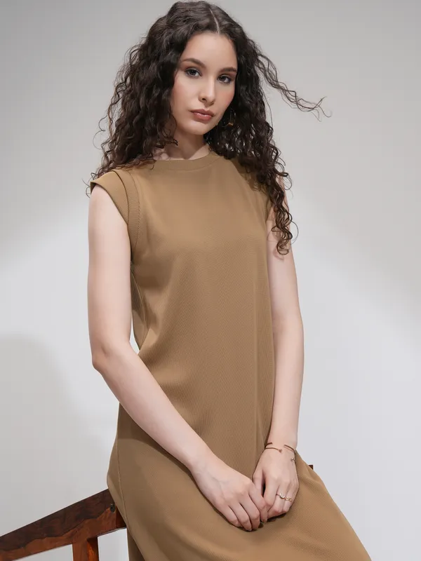 Tokyo Talkies Women Beige Solid Fit And Flare Dress
