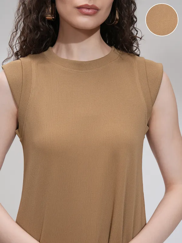 Tokyo Talkies Women Beige Solid Fit And Flare Dress