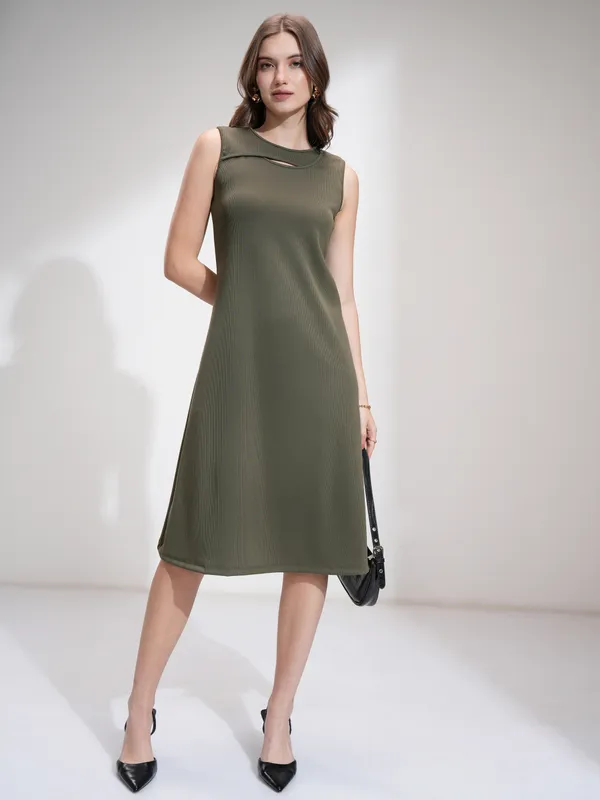 Tokyo Talkies Women Olive Solid Fit And Flare Dress