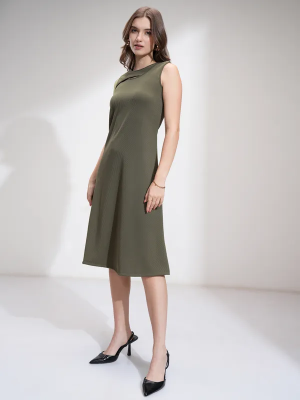 Tokyo Talkies Women Olive Solid Fit And Flare Dress