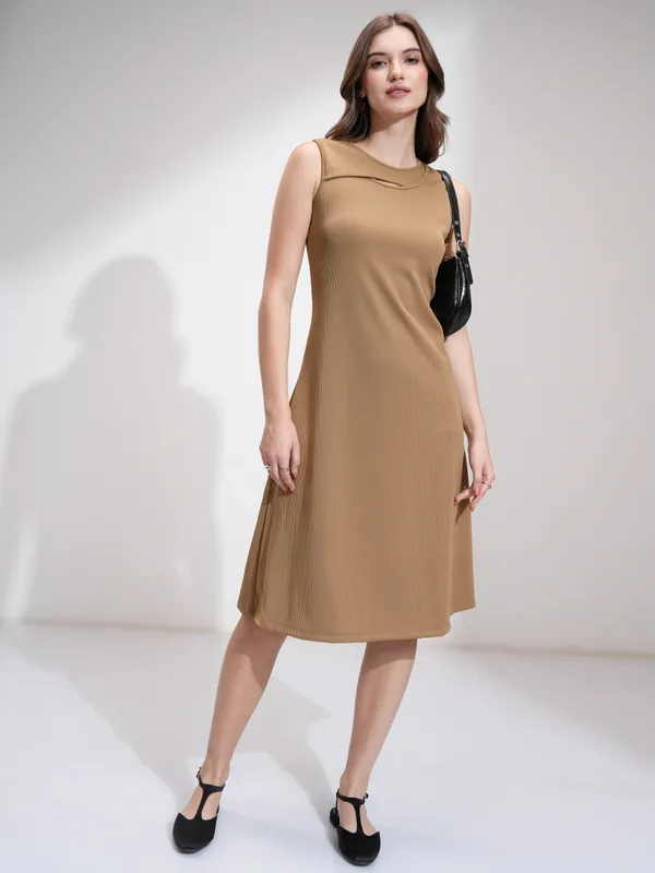 Tokyo Talkies Women Beige Solid Fit And Flare Dress