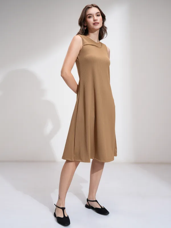 Tokyo Talkies Women Beige Solid Fit And Flare Dress