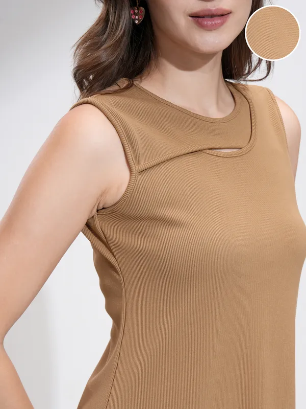 Tokyo Talkies Women Beige Solid Fit And Flare Dress