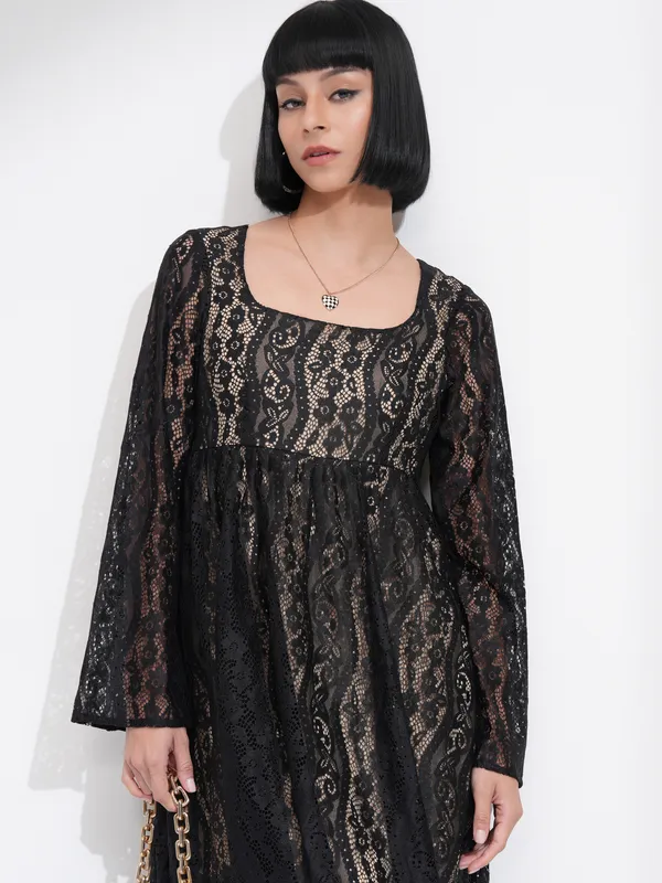 Tokyo Talkies Women Black Self Design Fit And Flare Dress