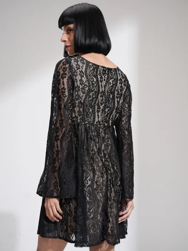 Tokyo Talkies Women Black Self Design Fit And Flare Dress