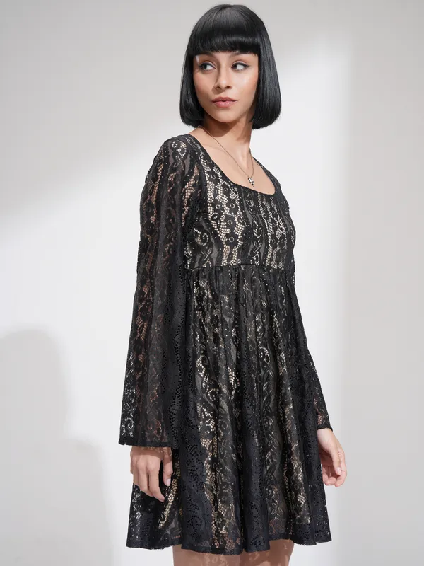 Tokyo Talkies Women Black Self Design Fit And Flare Dress