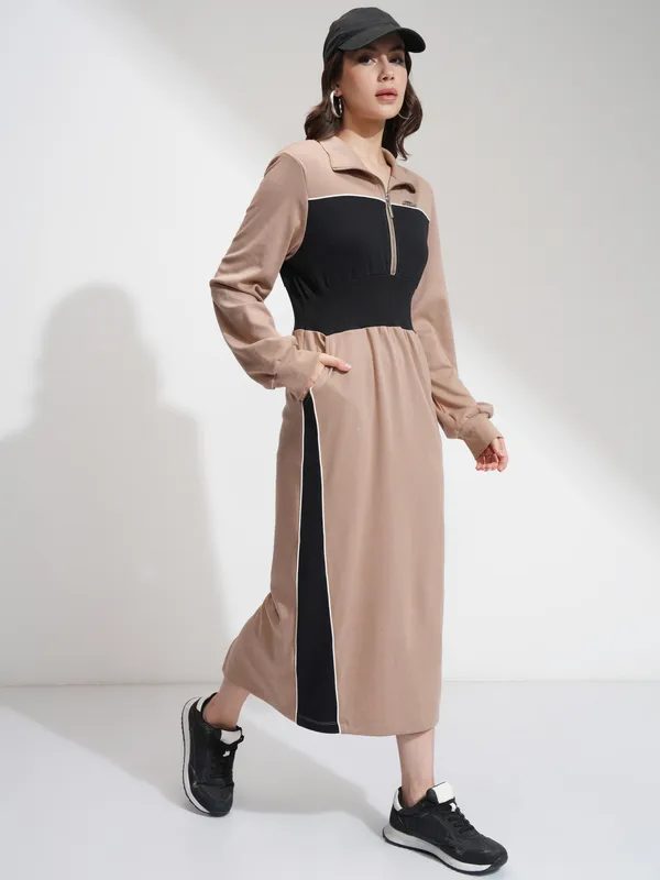 Tokyo Talkies Women Beige Solid Bodycon Dress