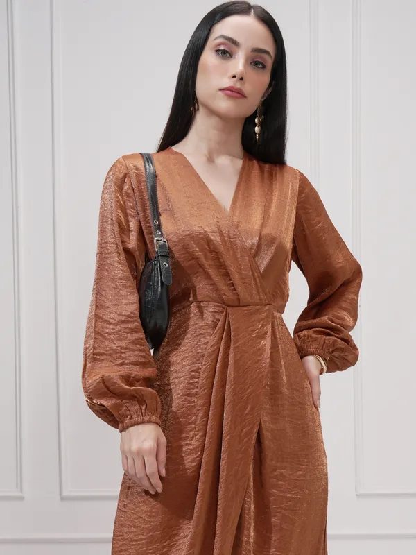 Tokyo Talkies Women Brown Self Design Wrap Dress