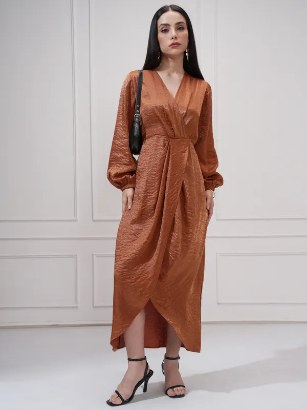 Tokyo Talkies Women Brown Self Design Wrap Dress