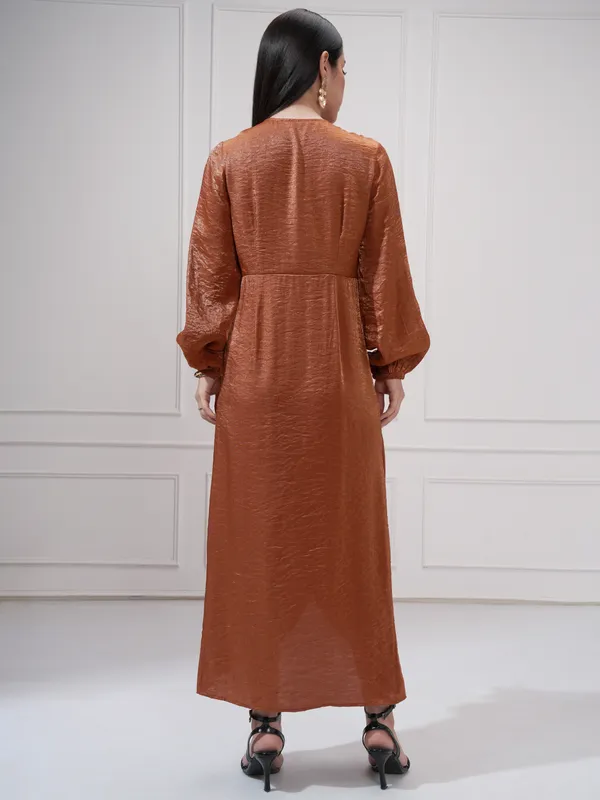 Tokyo Talkies Women Brown Self Design Wrap Dress