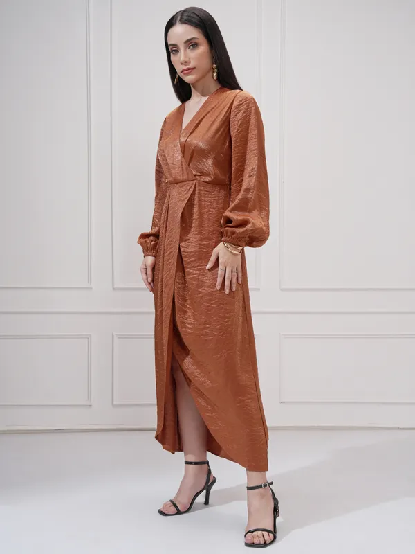 Tokyo Talkies Women Brown Self Design Wrap Dress