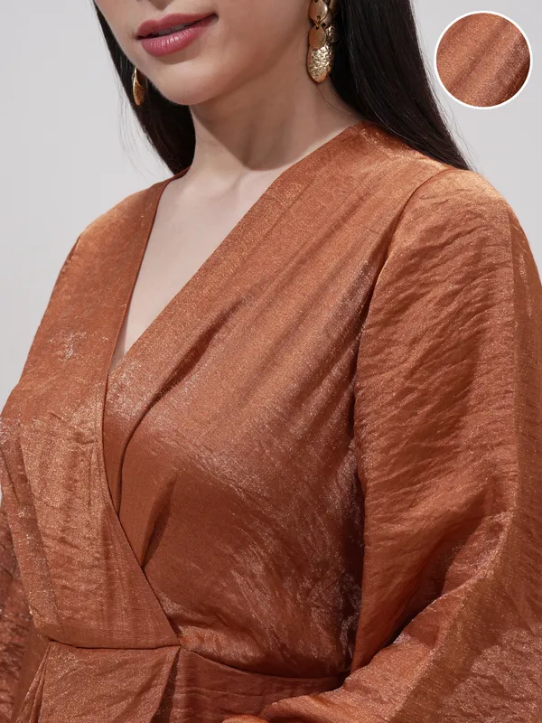 Tokyo Talkies Women Brown Self Design Wrap Dress