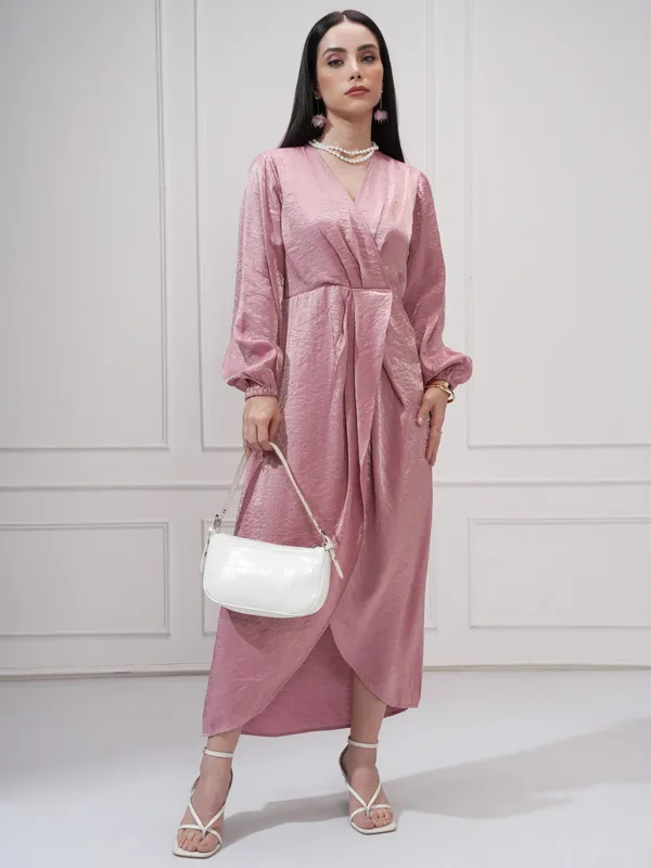 Tokyo Talkies Women Pink Self Design Wrap Dress