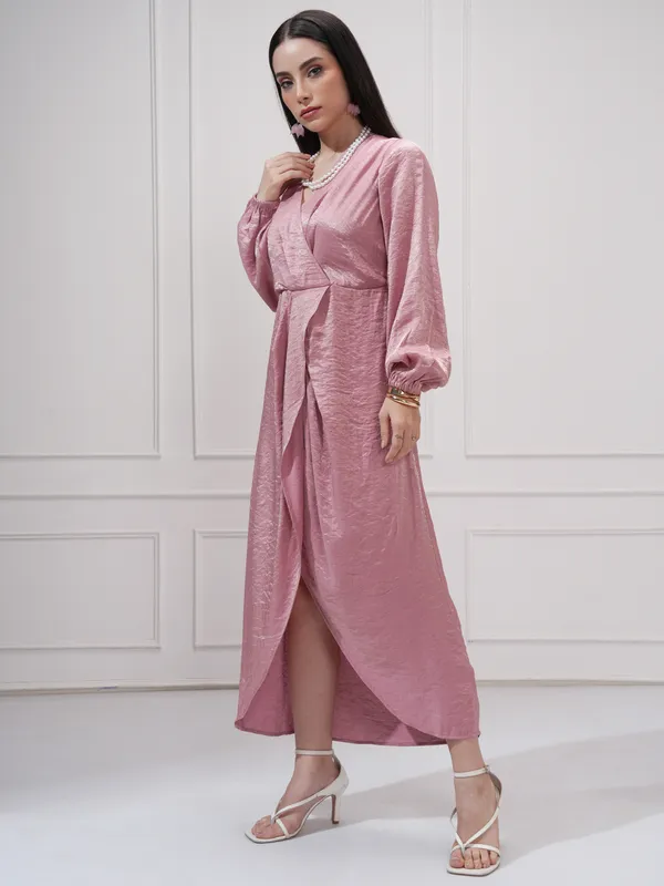Tokyo Talkies Women Pink Self Design Wrap Dress