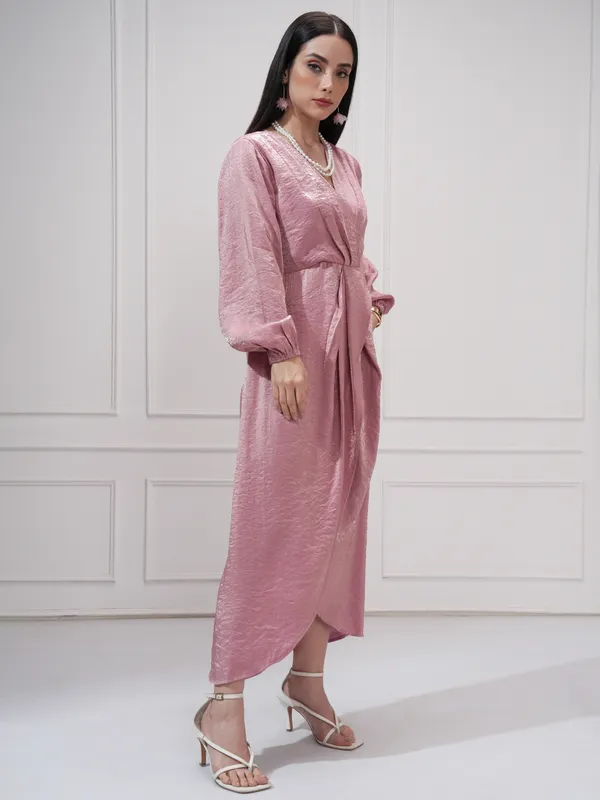 Tokyo Talkies Women Pink Self Design Wrap Dress