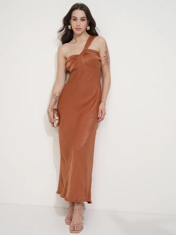 Tokyo Talkies Women Rust Self Design Maxi Dress