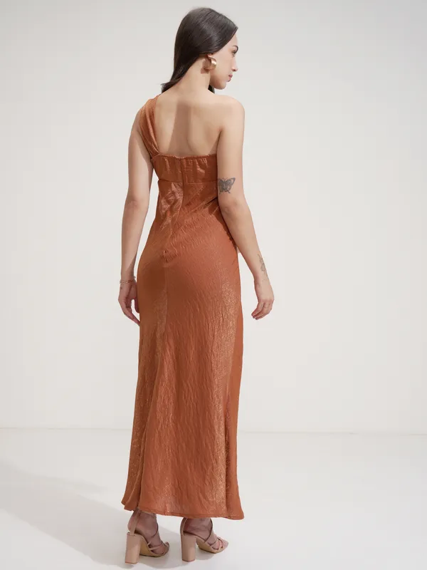 Tokyo Talkies Women Rust Self Design Maxi Dress