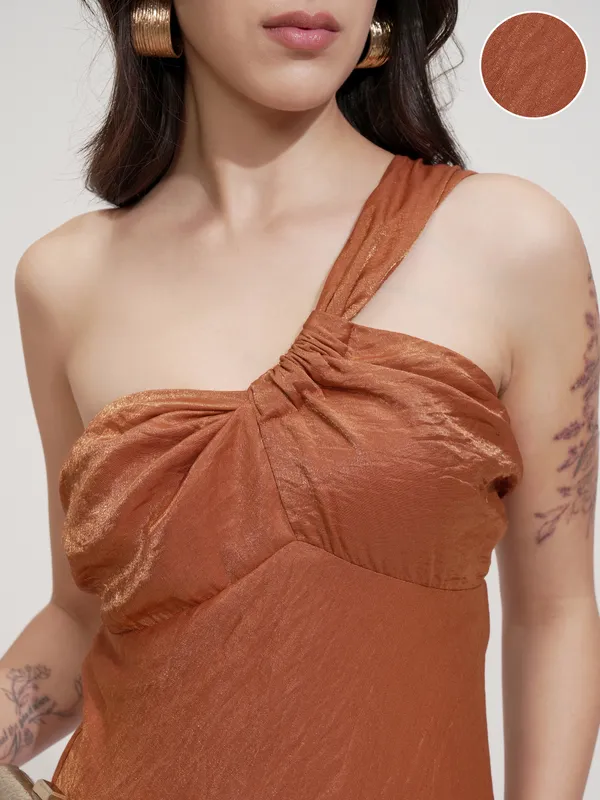 Tokyo Talkies Women Rust Self Design Maxi Dress